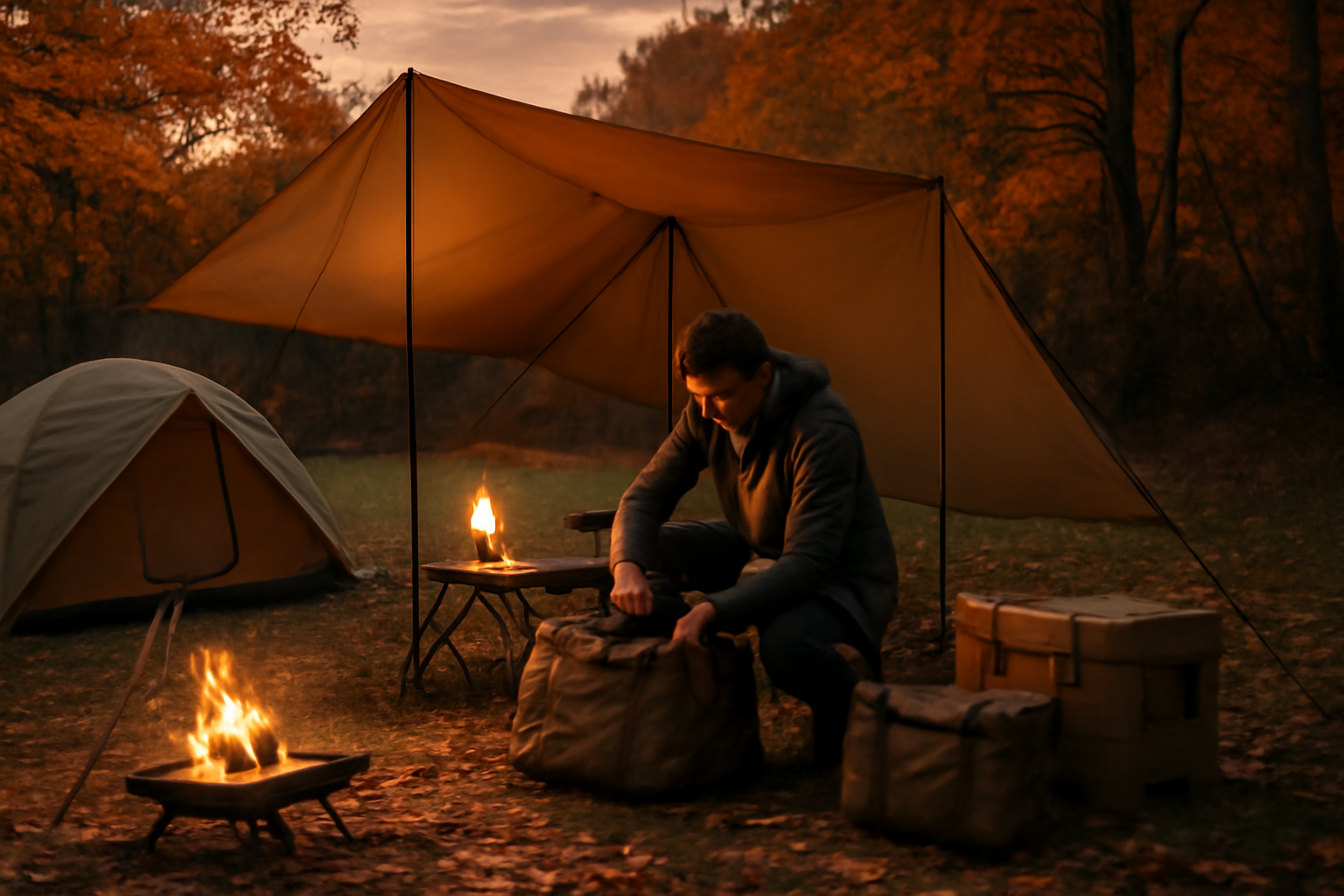 キャンプ 少しの準備で当日の居心地が変わる、秋のキャンプ場で夕暮れに装備を整える風景