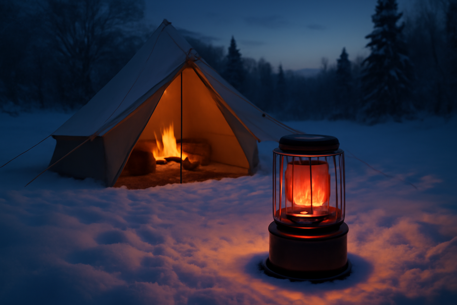 MtSUMI 冬キャンプでの暖房切替えイメージ、雪の夜に安全に使える設置例
