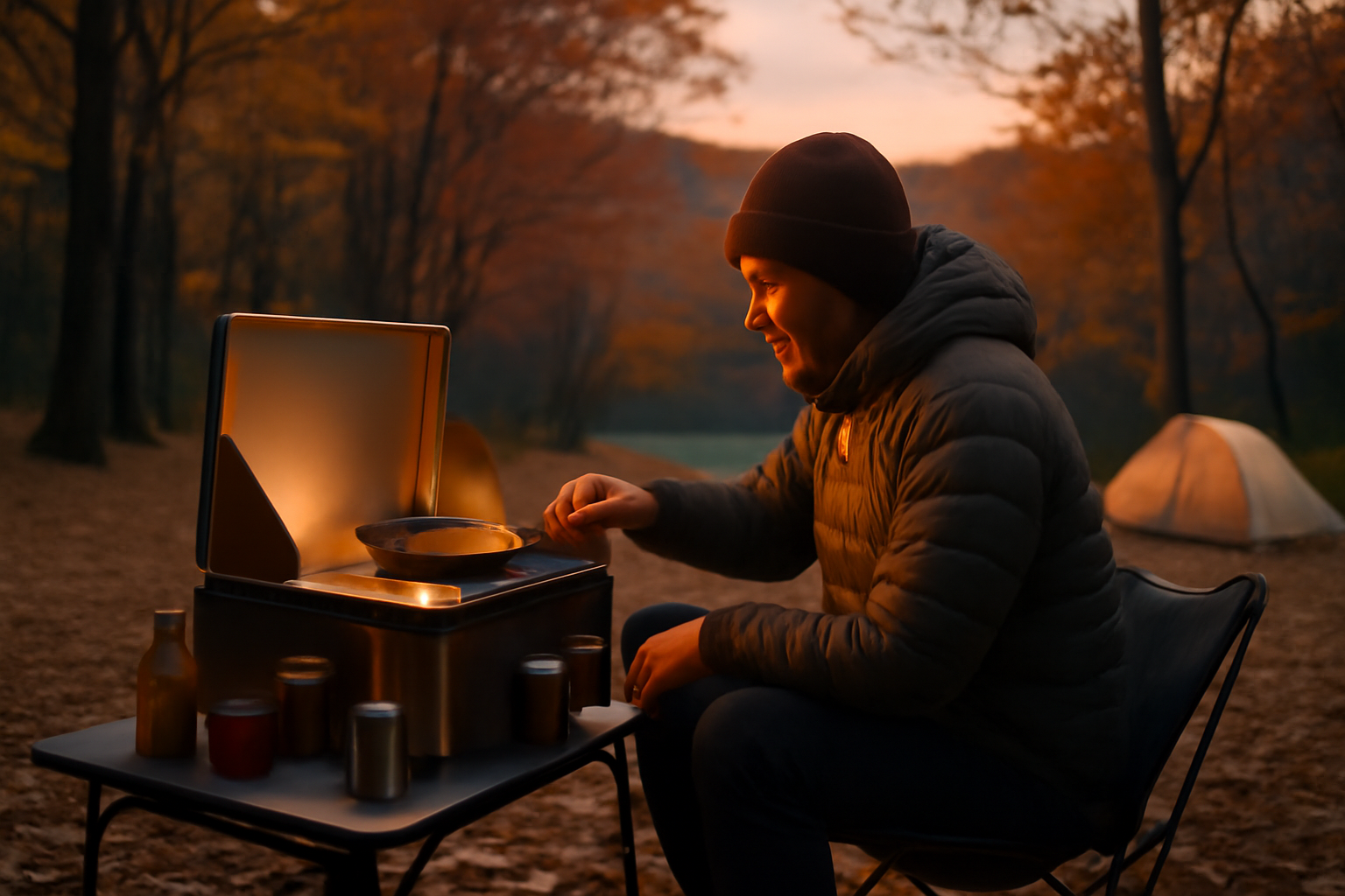 ソロキャンプ：夕暮れのキャンプ場でコンパクトな携帯キッチンを使う情景。温かい雰囲気を伝える。