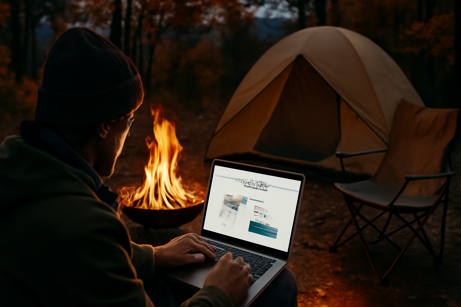 焚き火台気になったらカートに入れて後で在庫確認する様子を示す夜のキャンプサイト写真