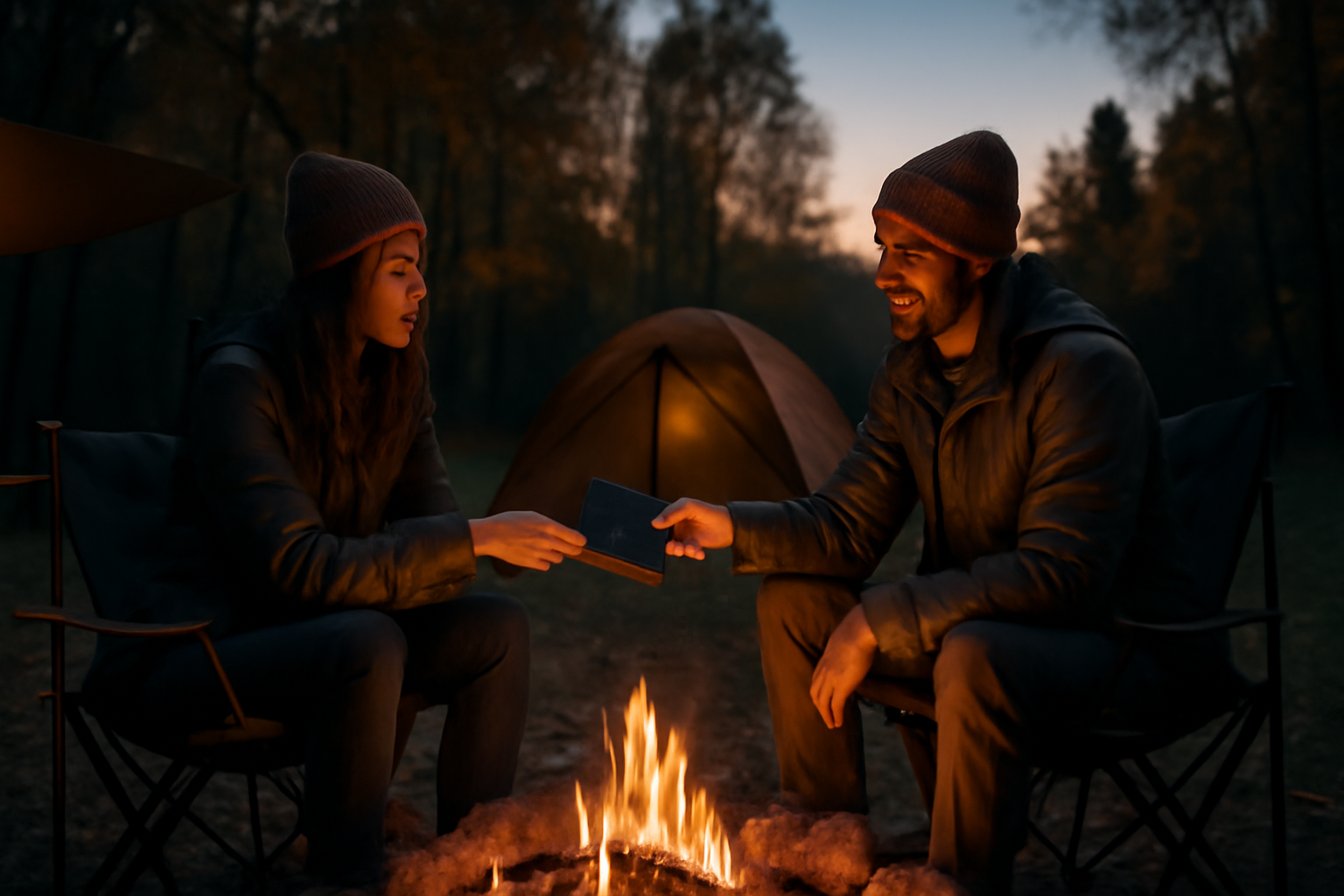 スヌーピー財布:次の行動を促す場面を表現した夕暮れのキャンプ場、落ち着いた雰囲気で購入の次ステップを促す写真
