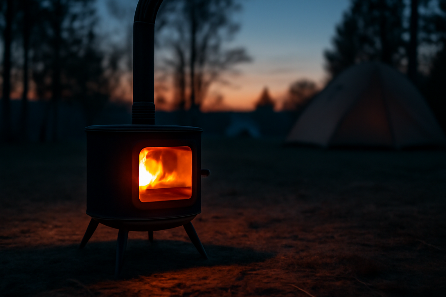アイロン 夕暮れのキャンプ場で小さな暖かいストーブが灯る風景。薄暮に包まれた静かなサイトの一角を写しています。