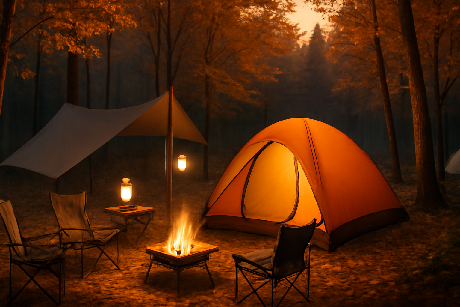 鹿沼ライダーズ 安全に備える秋のキャンプ場風景、夕暮れに温かい光が差し込む写真で安心感を表現