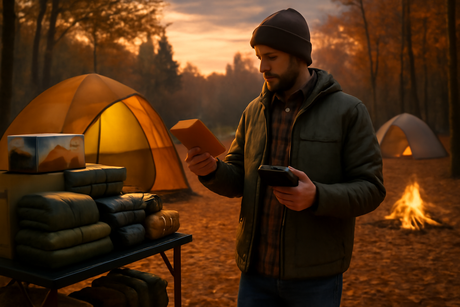 トラベルセール攻略:セール比較をする夕暮れのキャンプ場の様子。比較と決断を促すショッピング場面を想起させる描写