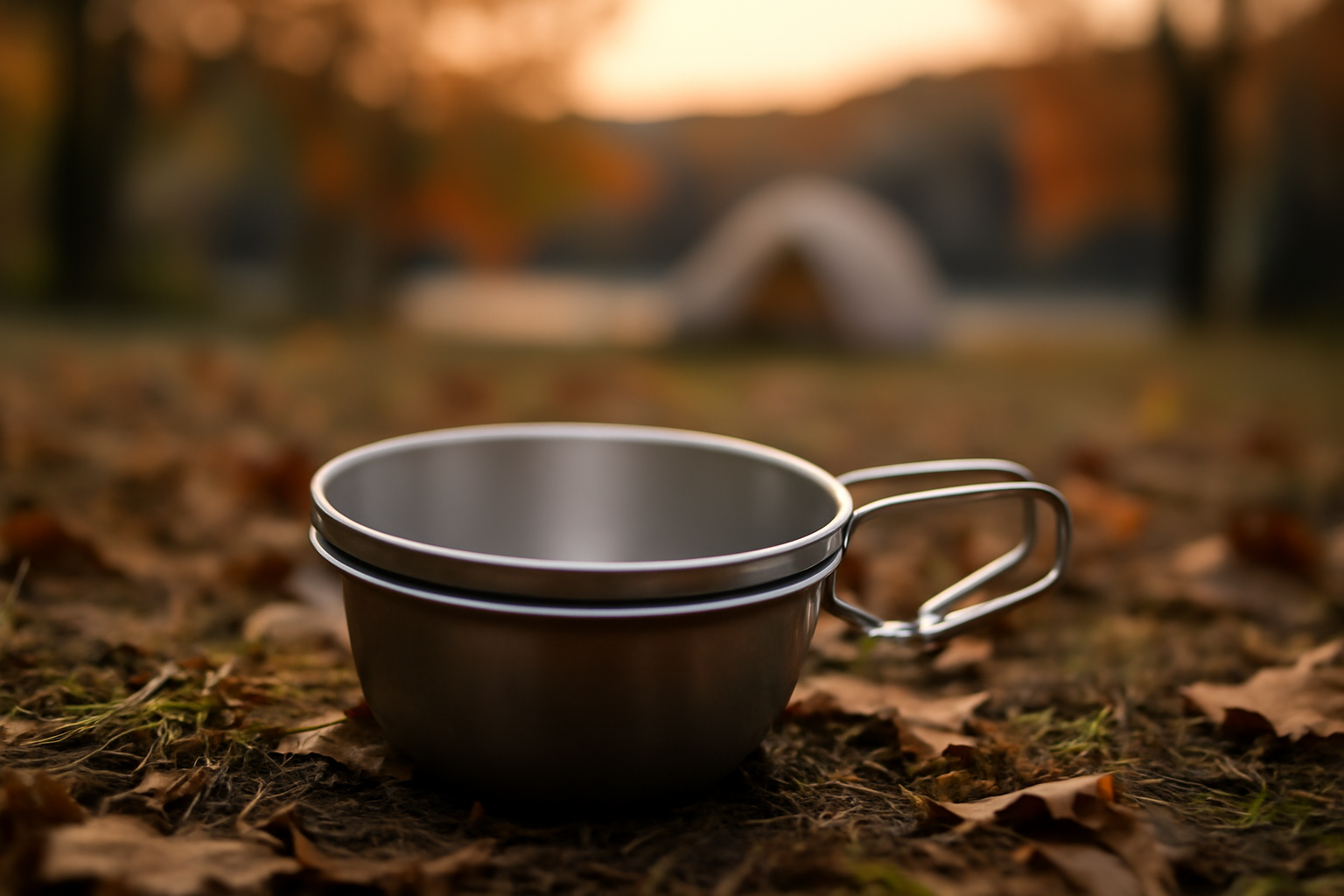 シェラもえ 持ち運びイメージ：シェラカップと重ねて収納した様子を夕方のキャンプ場で撮影した横長写真。コンパクトさが伝わる。