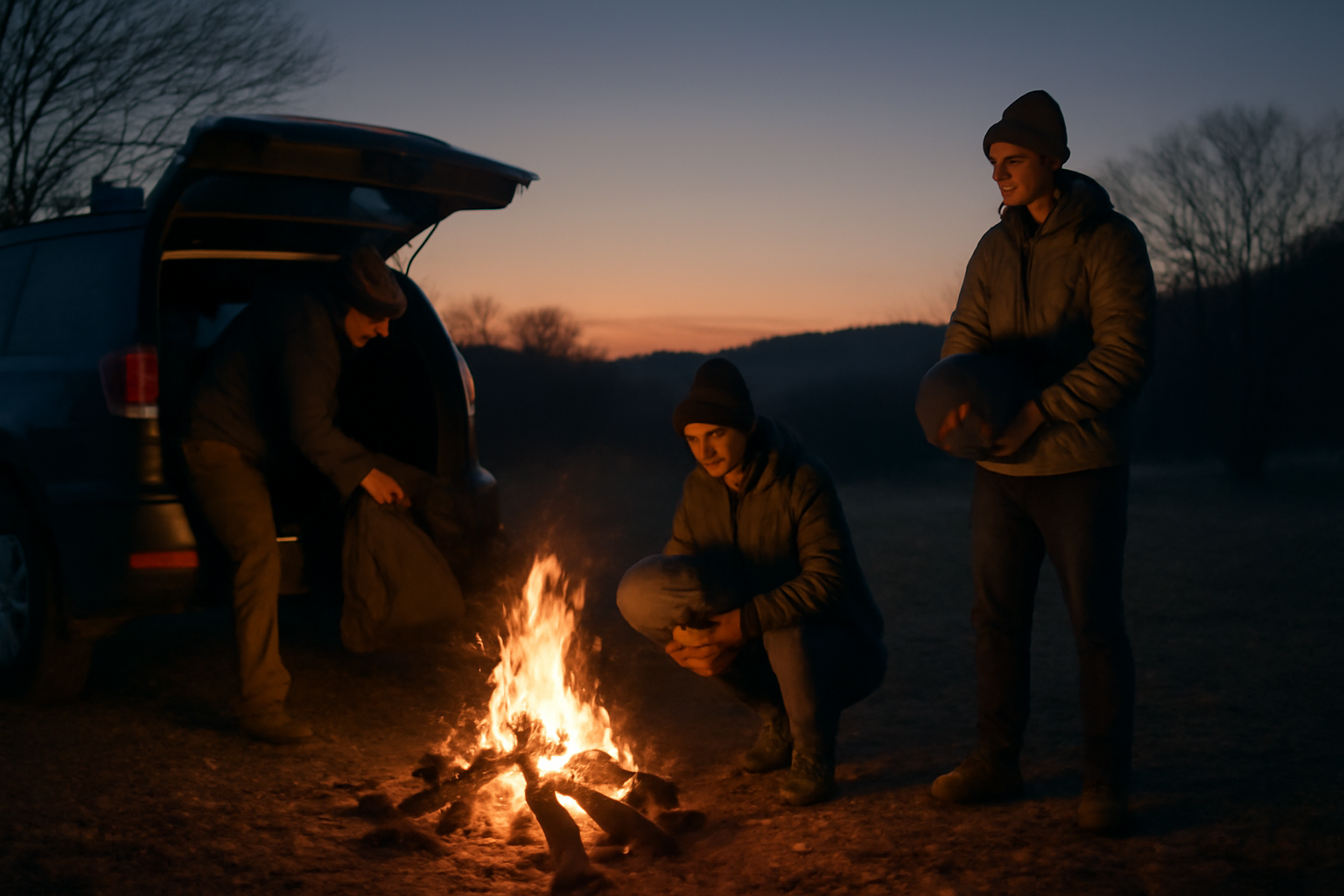 キャンプ車中泊事情 焚き火のそばで準備するキャンプの情景。家族や仲間と過ごす秋の夕暮れをリアルに表現。