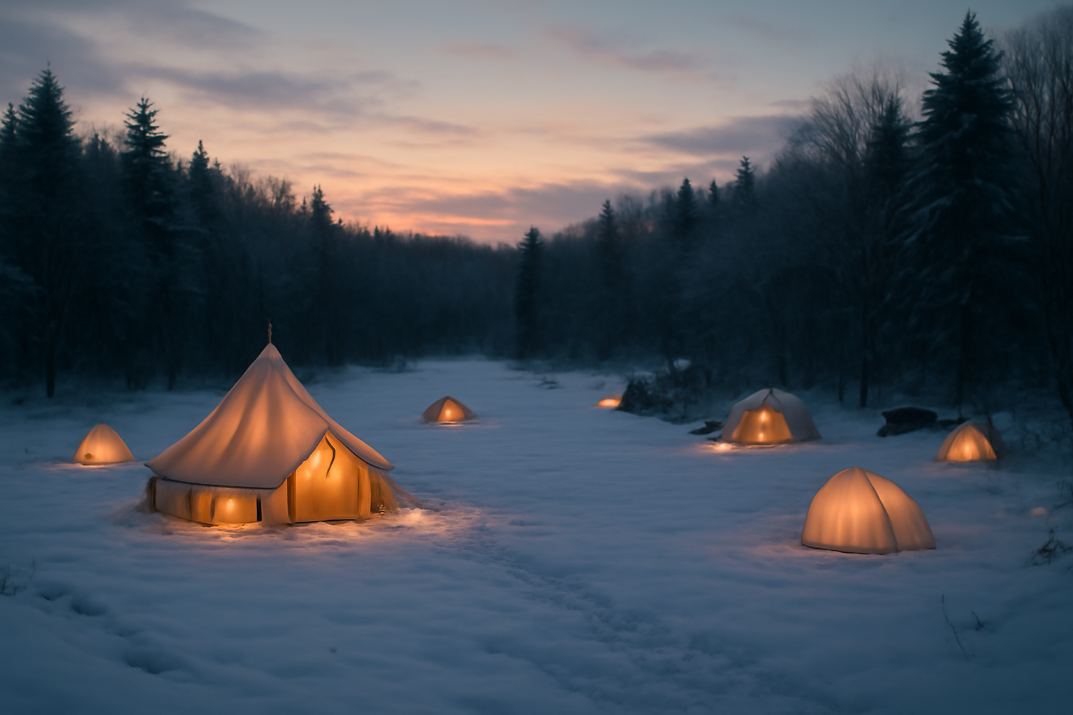 三井アウトレット岡崎のブリッジ案内を想起させる風景。三井アウトレット岡崎に近い冬のキャンプ場を夕暮れに静かに見下ろす構図で、穏やかな雪景色と温かな明かりを表現した写真