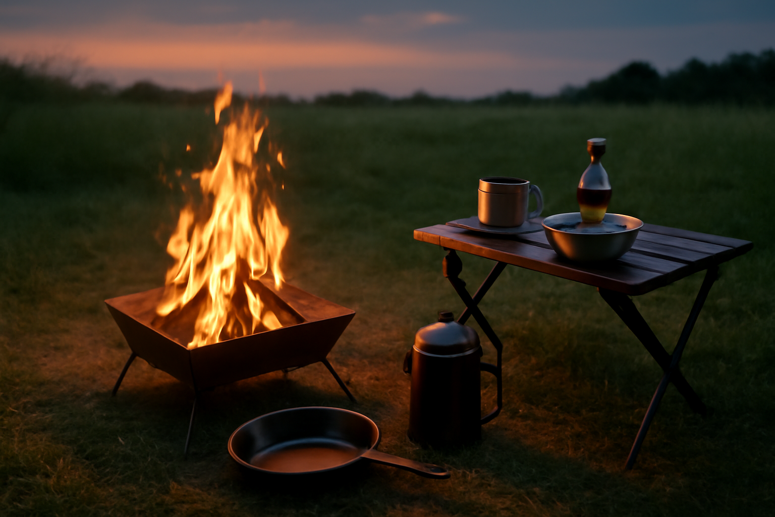 焚き火台　夕方の草地で安全に焚き火を楽しむシーン。焚き火の周りに調理器具と折りたたみテーブルが配置されている。