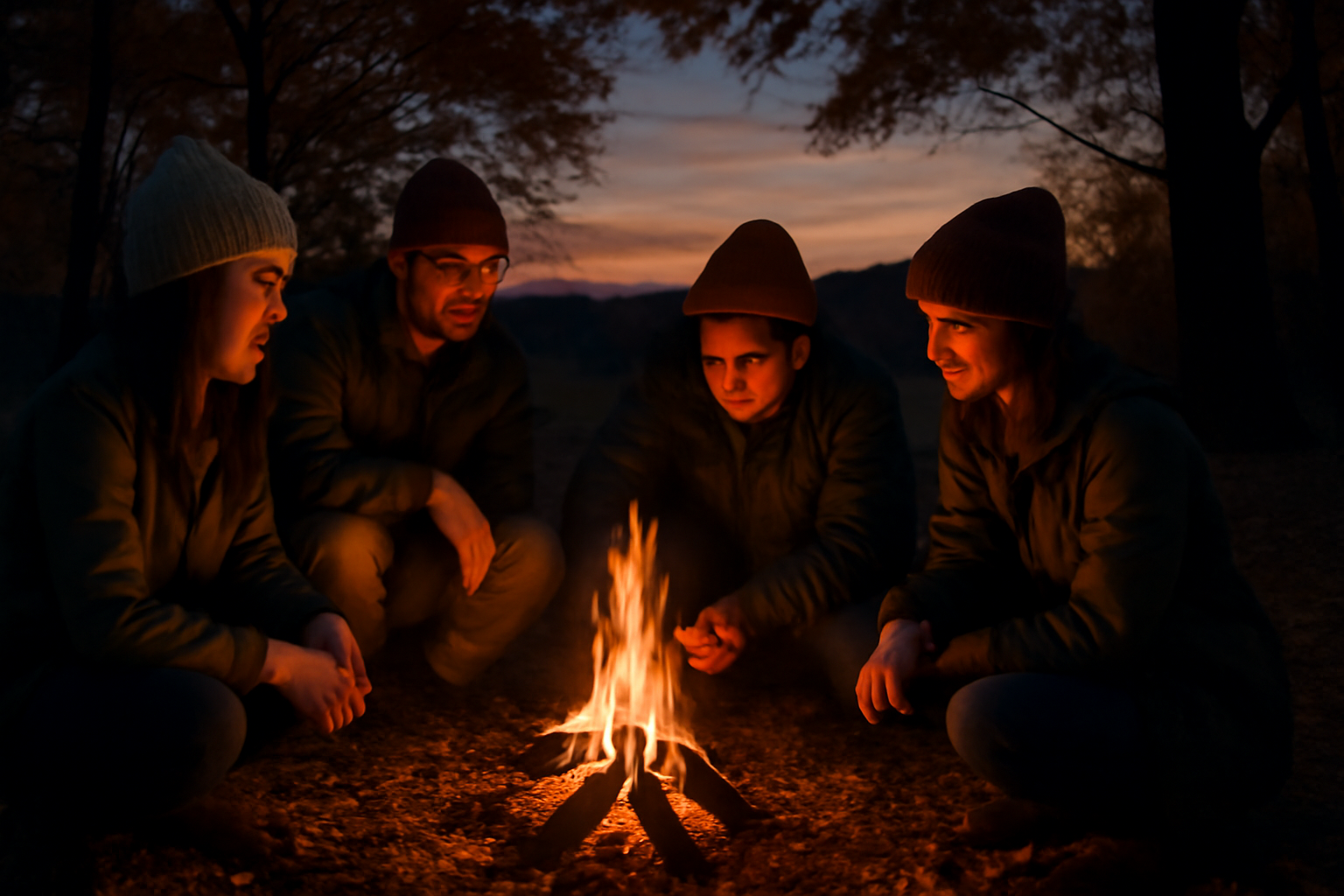 メシキャンで学んだ小さな焚き火を試す様子。夕暮れの長岡で安全に調理を楽しむ参加者の風景を描写しています