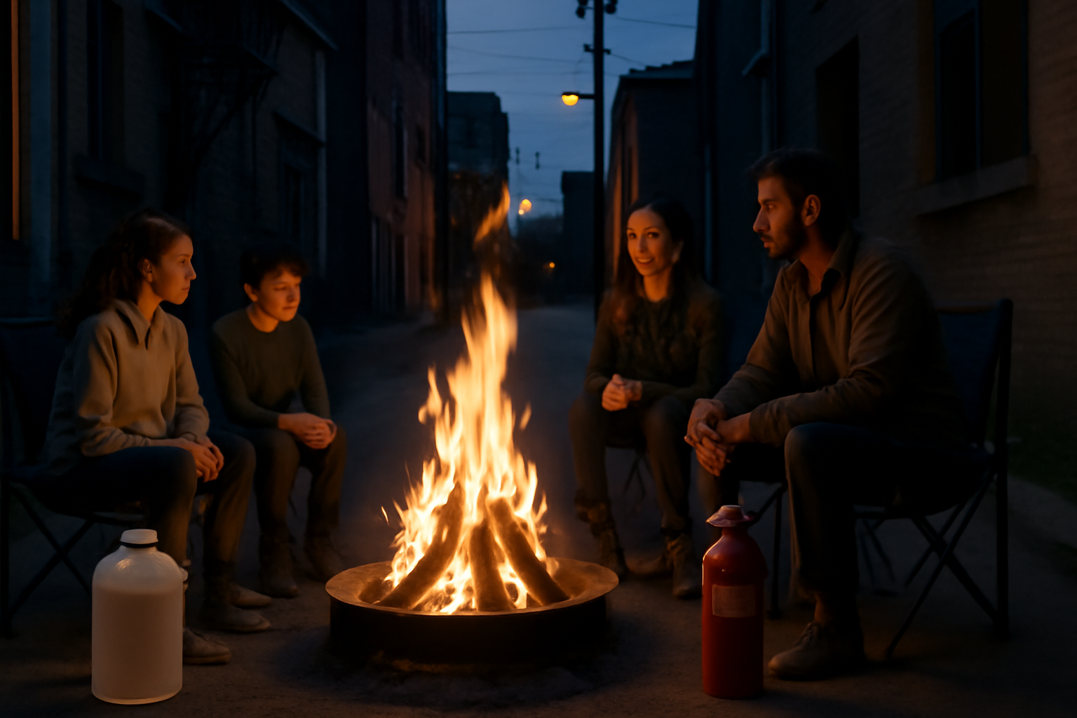 キャンプ 都市の路地裏での短時間プログラムに備え、水と消火器を用意して安全に焚き火を楽しむイメージ。