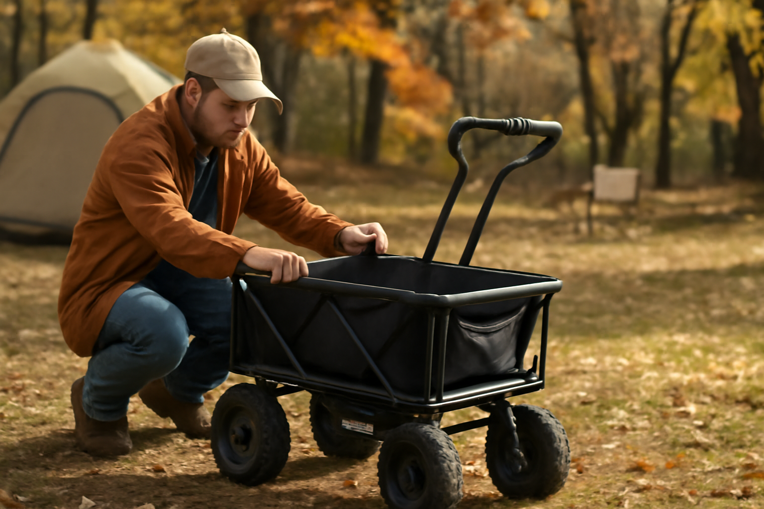 eワゴンエア大革命:購入前に秋のキャンプ場で試乗して操作感とバッテリー持ちを確認する様子を近景で示す写真