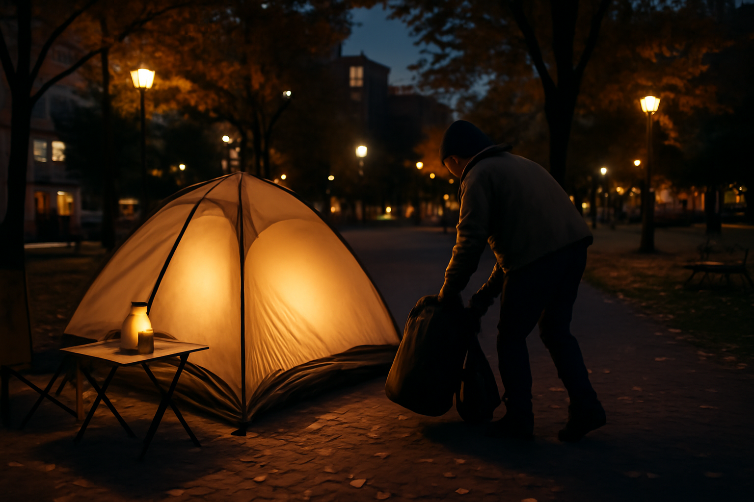 さっぽろオータムの公園キャンプ空間で片付けをするキャンパーの夕暮れ風景、行動を促す雰囲気を表現した写真
