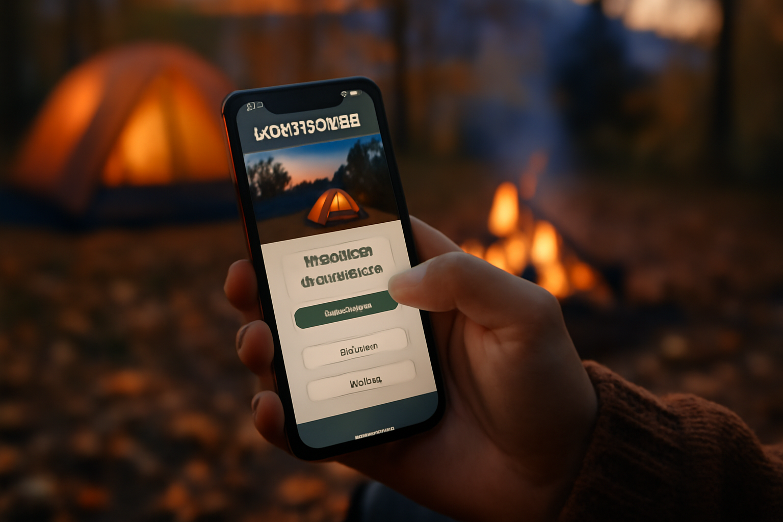 アウトドア観光推進を意識して公式サイトを確認する様子、夕暮れのキャンプ場でスマホを操作するクローズアップ写真