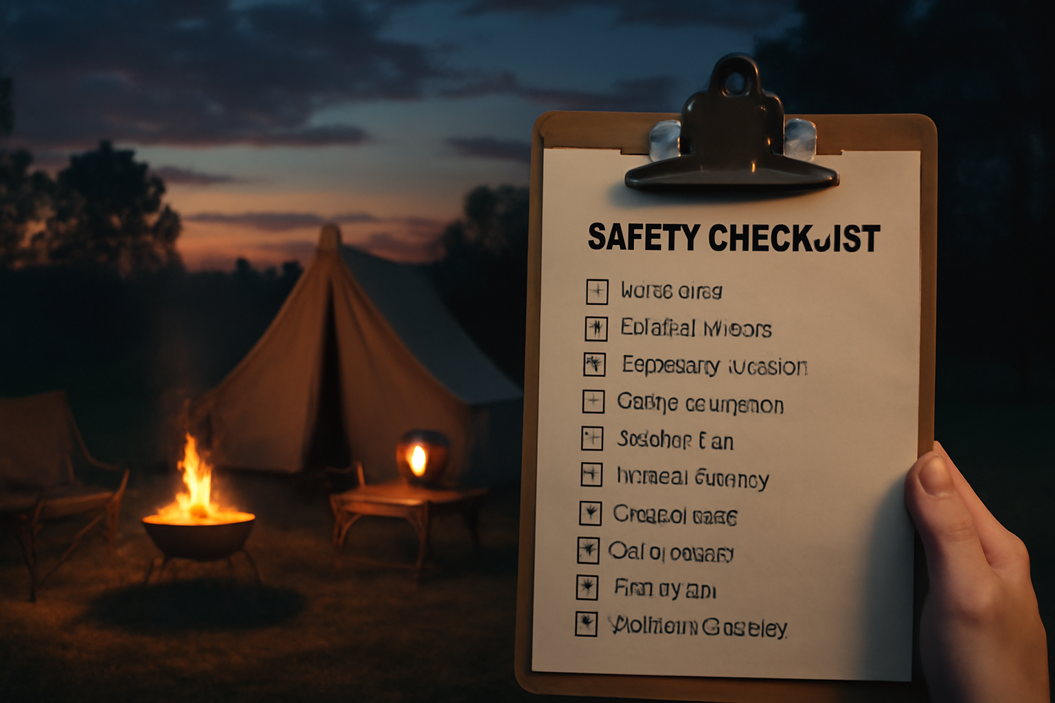 南町田グランベリでの買い出し後に実践する安全チェックリストをイメージした夕暮れのキャンプ場風景。実写で落ち着いた色合い