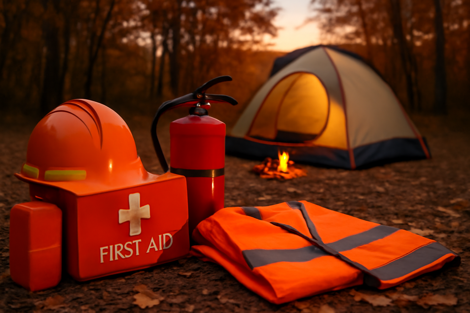 電車キャンプ 秋の夕方、小規模サイトでの安全対策を象徴する装備一式の写真