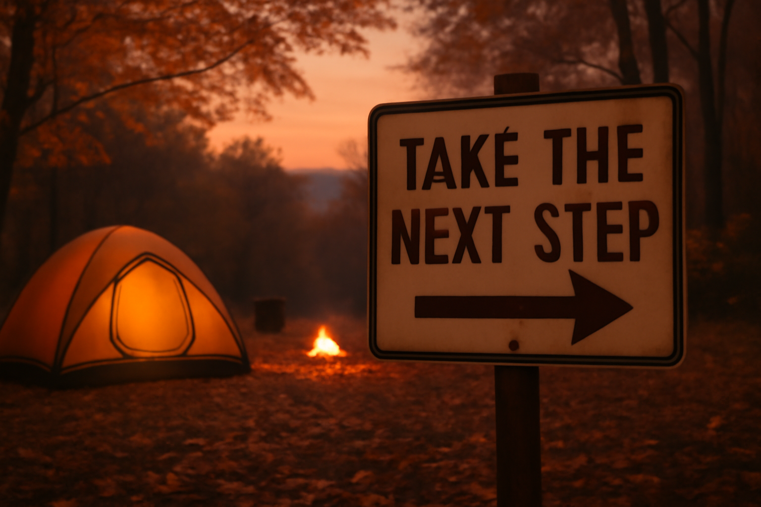 ライダーズキャンプの次の行動を促すイメージを示す夜暮れの鹿沼キャンプ場風景、温かい光と案内表示