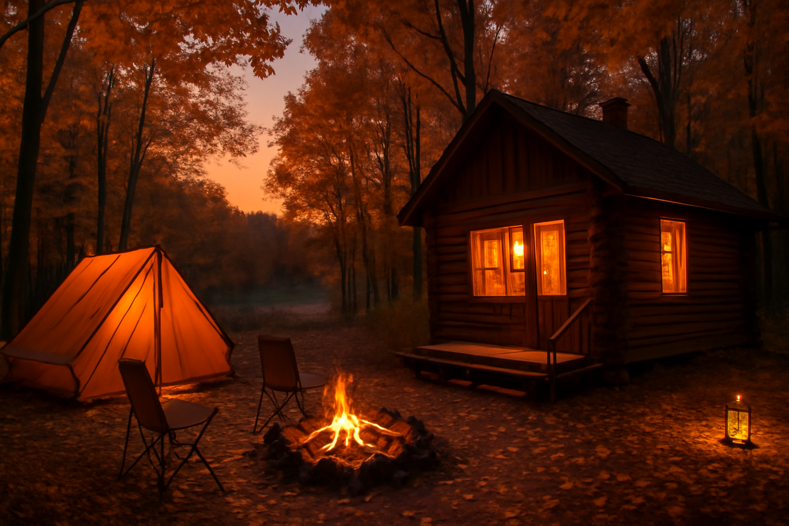 ピークンフローでの翌日行動を促すイメージ、秋のキャンプ場で夕暮れ時に安全な宿泊に移る様子を広角で撮影した写真
