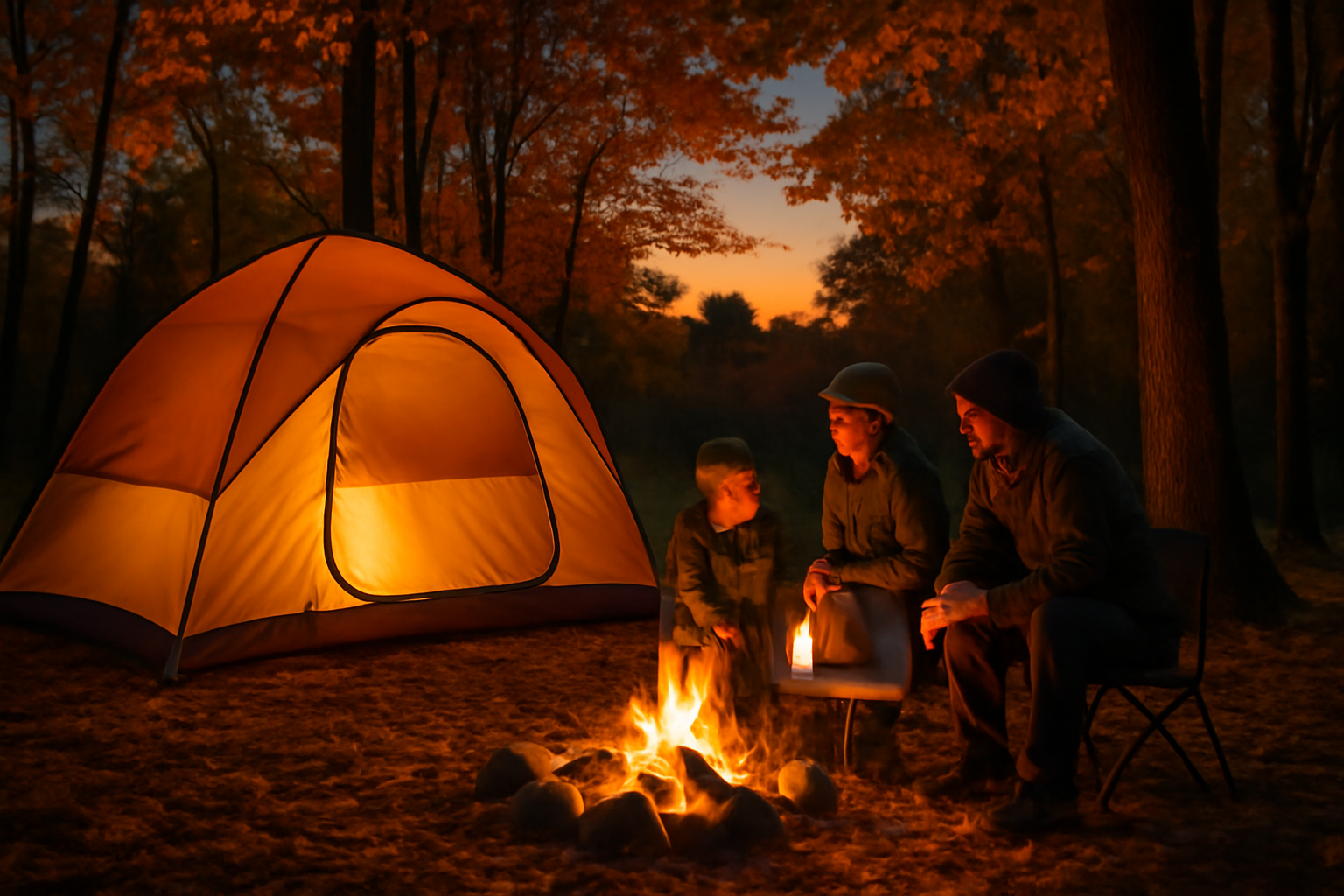 てんとらんどの夕暮れに家族が落ち着いて過ごす様子。安全第一で焚き火スペースや設営のゆとりを感じる写真