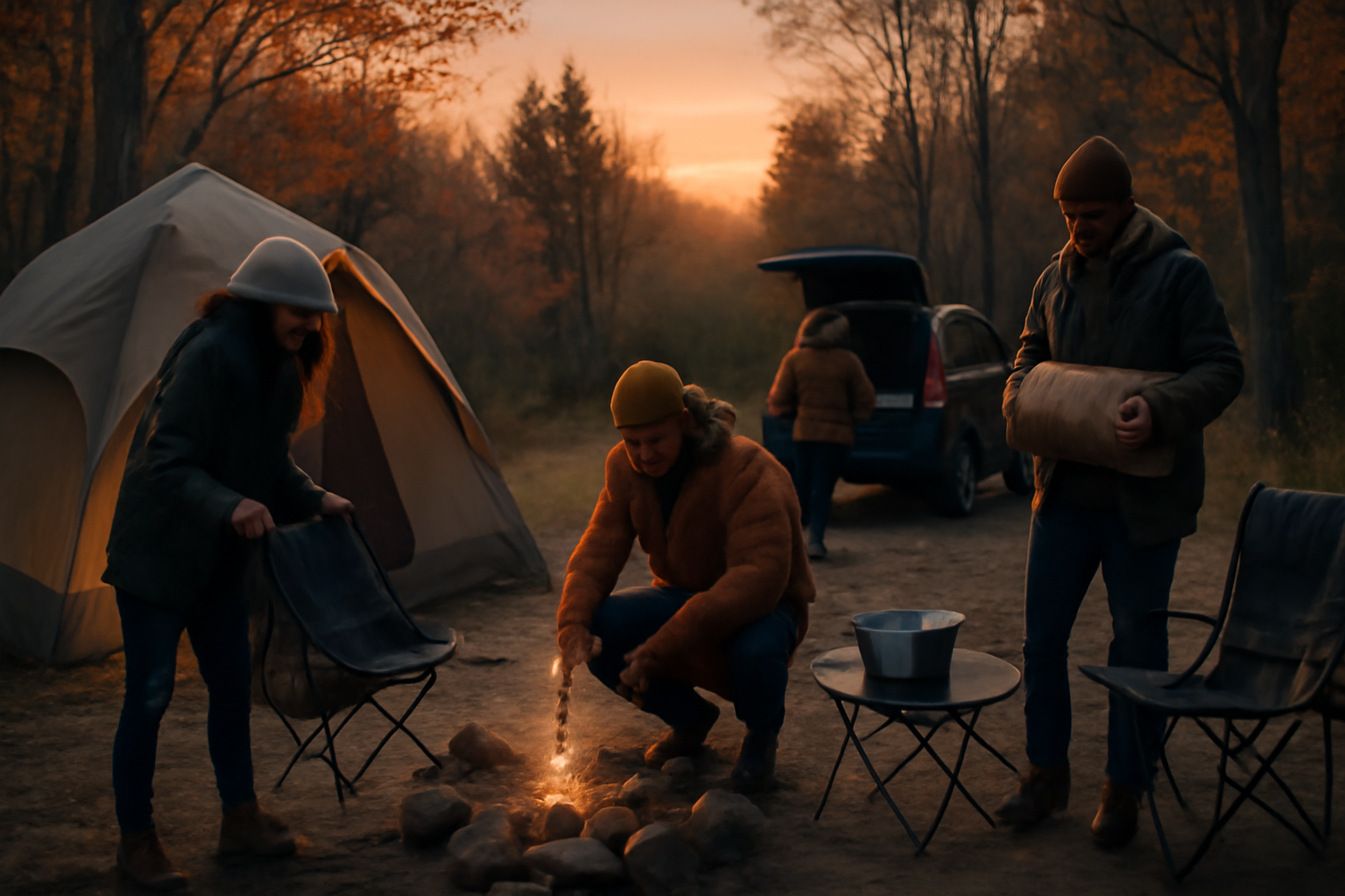 PICAピックル:キャンプを終えて焚き火の後片付けをする様子と温かい誘導の情景