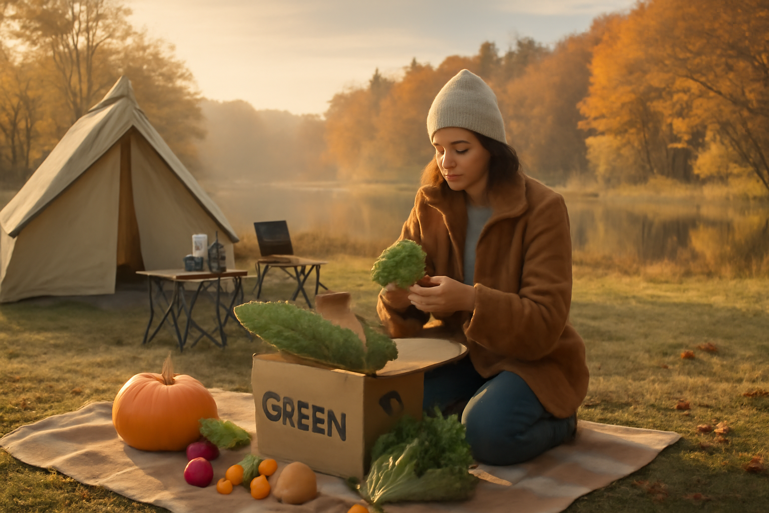 キャンプ 朝に届いたGREENデリバリーの野菜を整理する場面を描いた写真、秋の穏やかな空と広めの構図