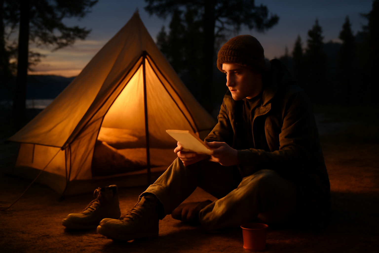 ハイキング靴祭の終盤に次の購入を考えるキャンパーの様子を夕暮れのキャンプ場で描いた写真、穏やかな色合いで広角