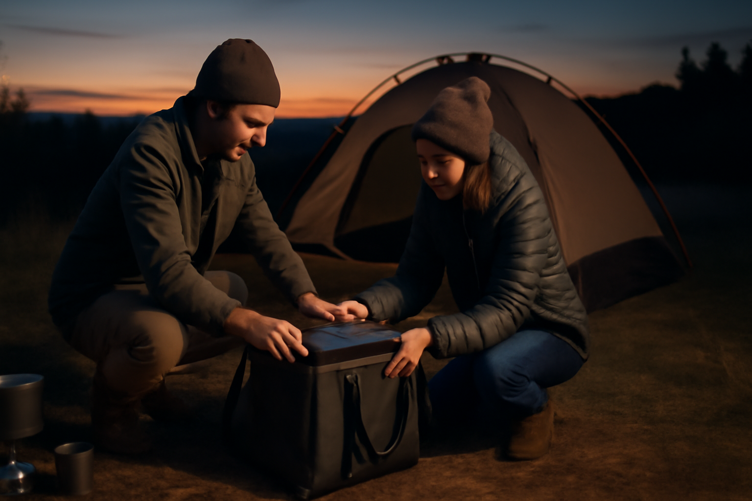 クッカー 夕暮れにソフトクーラーを片付ける場面。撤収前の穏やかな時間を表現した写真。