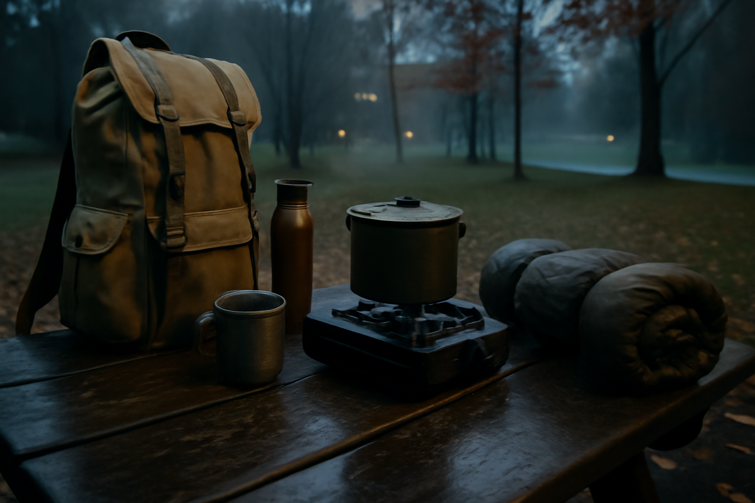 キャンピングカー値段を踏まえて次の一歩を促すイメージ。秋の公園で夕暮れ時に準備をする様子を広角で撮影した風景