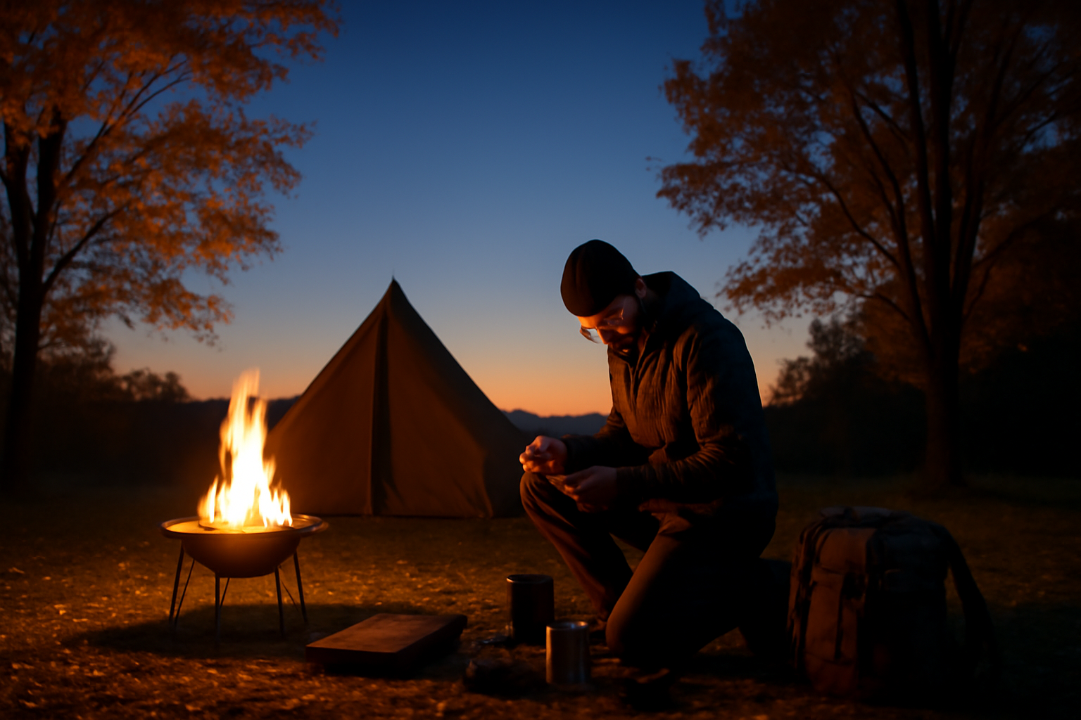 焚き火台 夜の準備を呼びかける一言の視覚化、焚き火台と装備を点検する人物の夕景