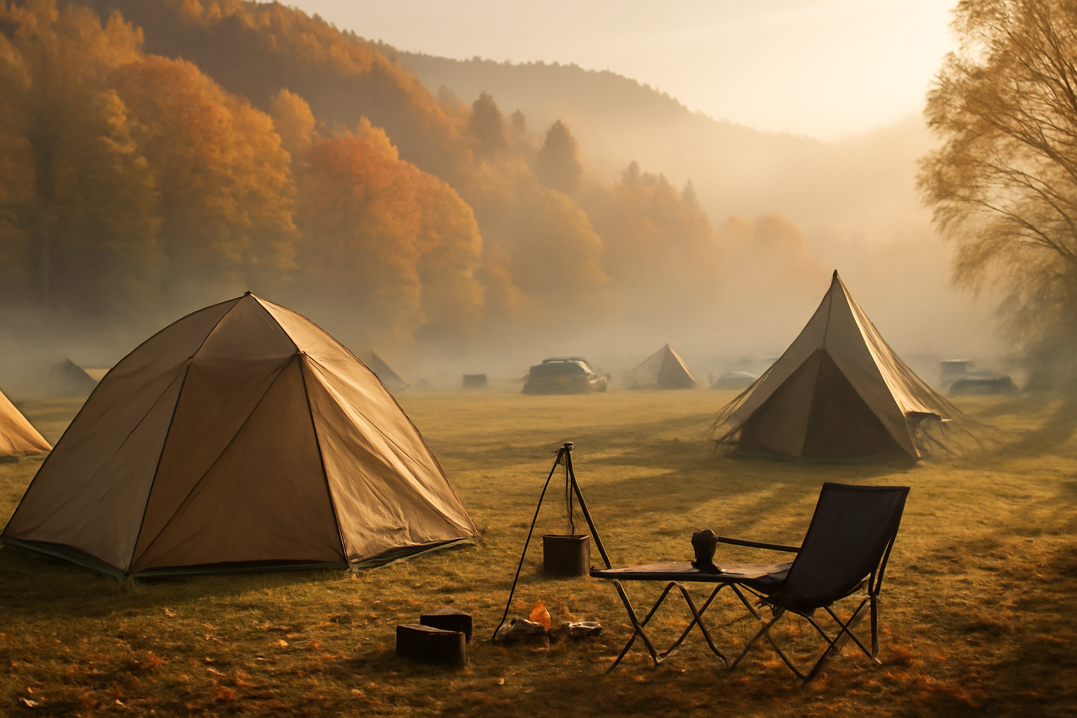 高柳ジンギスカンを味わった後の準備を促す優しい案内、秋の朝の野外で次の行動を促す情景