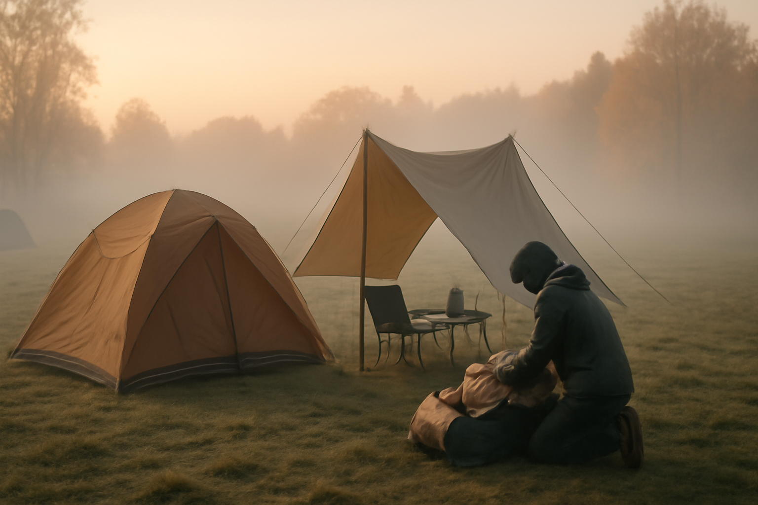 秋キャンプ注意:早朝の霧がかかるキャンプ場で安全に撤収準備をする様子、ワイドアングル