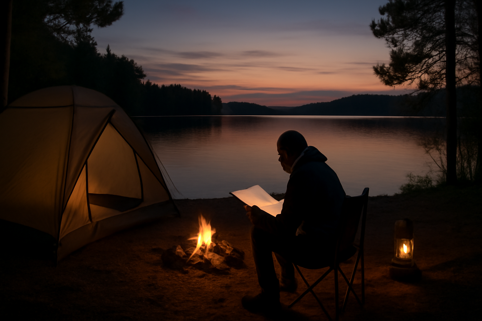 アマゾンタイムセールで買うアイテムを検討する夜のキャンプ場の静かな風景、準備を促すイメージ