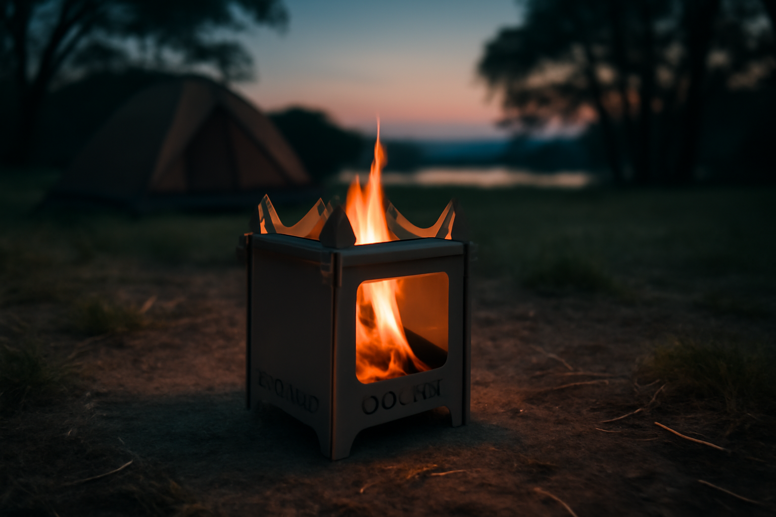 ブラフマン 夕暮れのキャンプサイトで使われる持ち運びしやすい純チタン製ストーブの写真