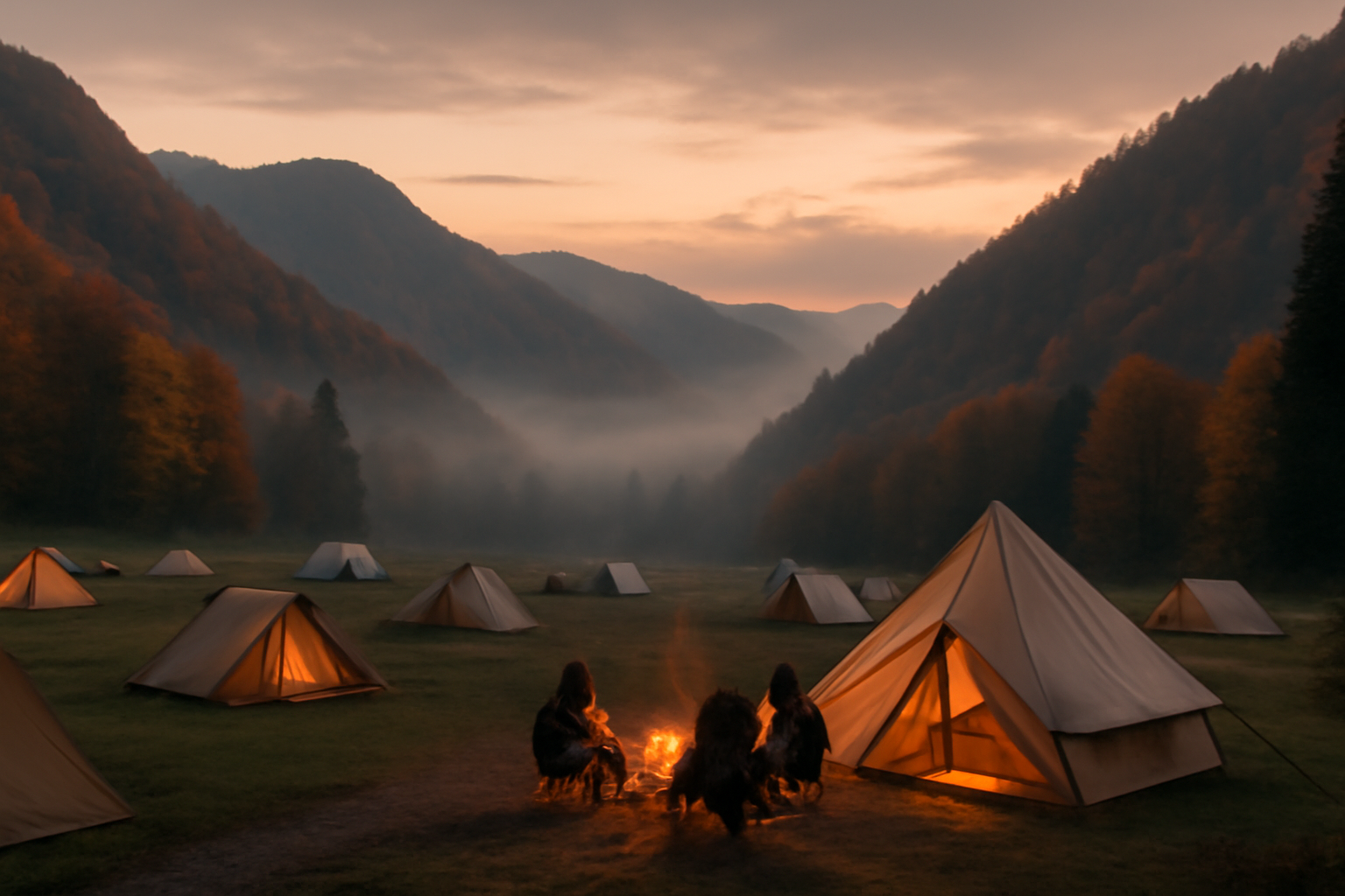 白山アウトドアフェス 会場での安心な行動を促す夕暮れのキャンプ風景。次の行動への一歩を促すイメージ