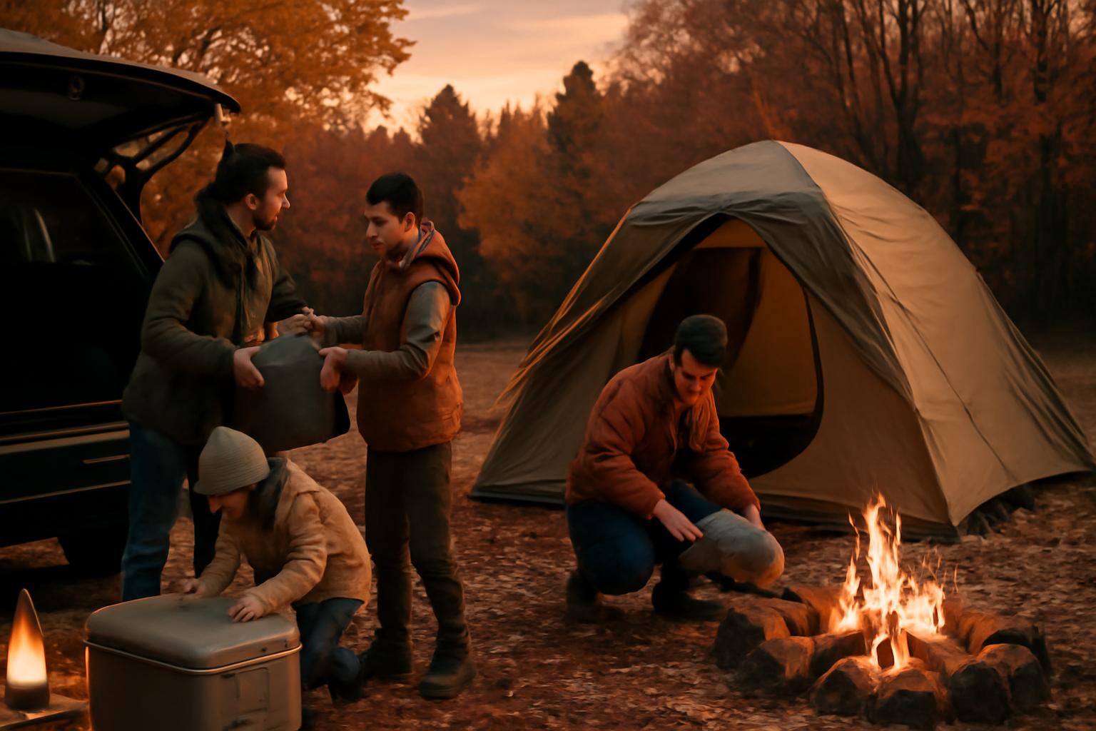 てんとらんど 大感謝祭に向けての準備風景、秋の夕暮れに家族が荷物を整える様子を広角で写した写真