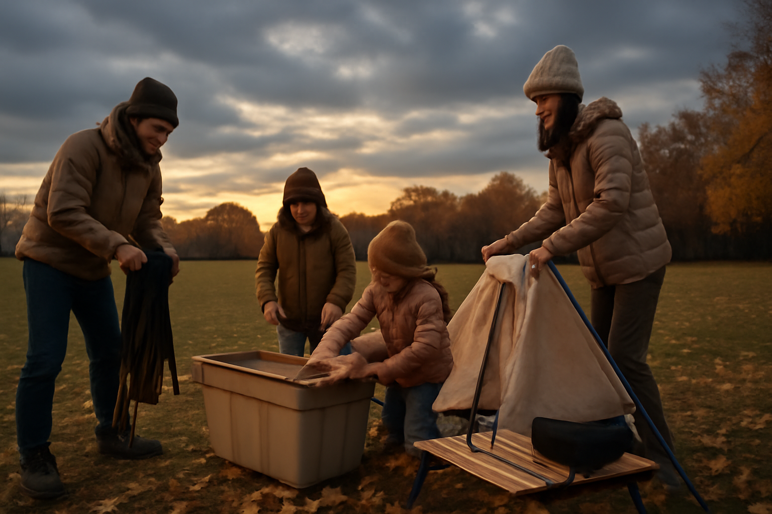 デイキャンプ 帰宅前に片付けをする親子の様子、夕暮れの公園で安全に撤収する光景を伝える写真