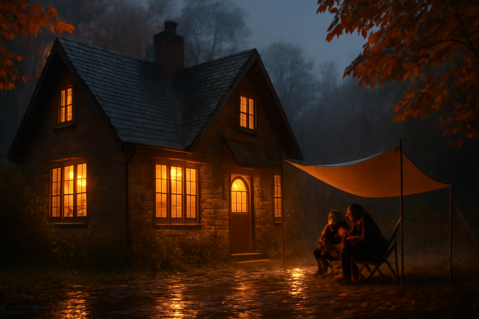 タープ張り:荒天時にコテージへ切り替えた秋の夕方、雨の中で安心している家族の様子