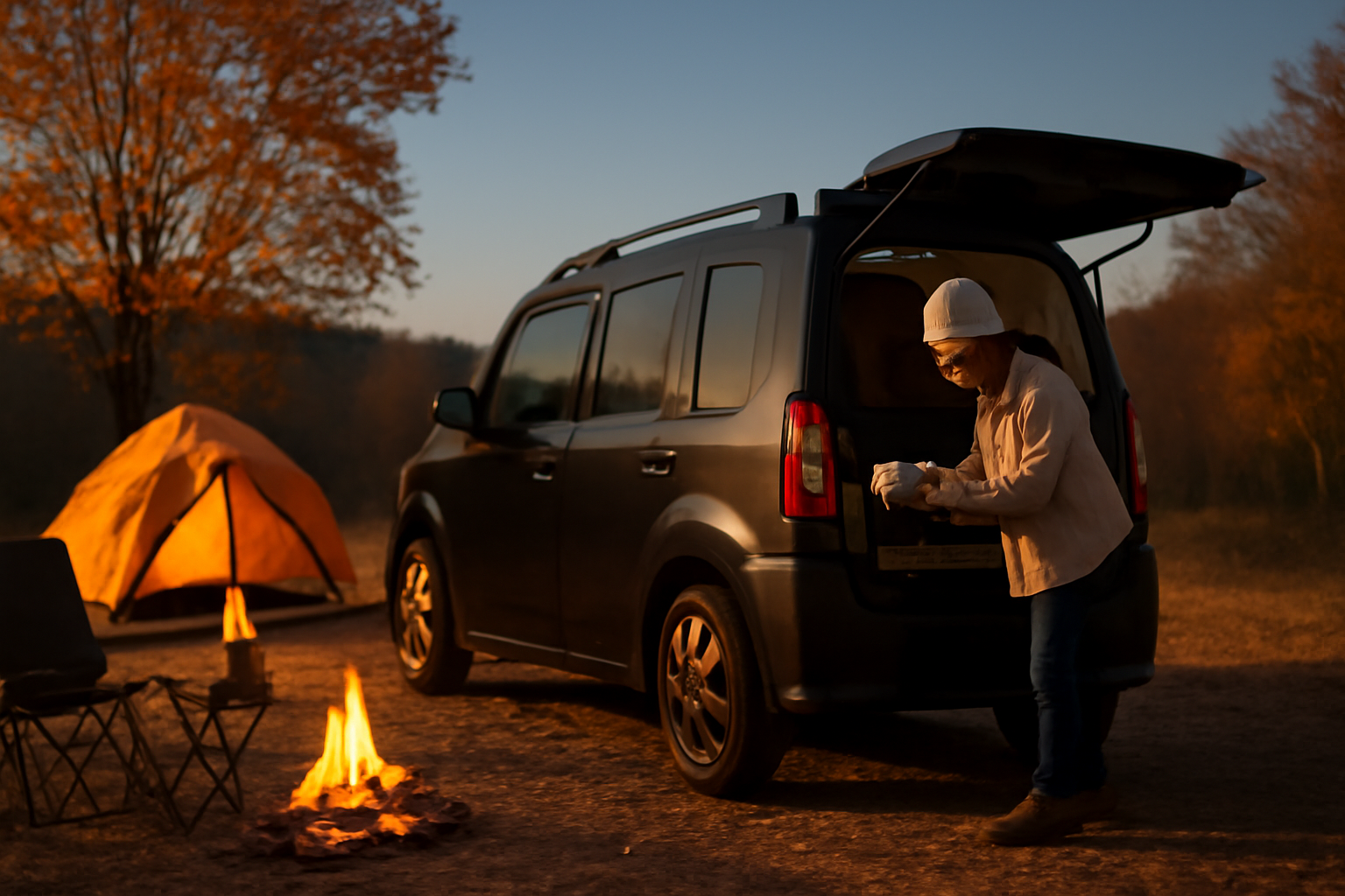 エヌワンイー車中泊旅で次の行動を決めるためにアクセサリを試す様子を夕暮れのキャンプ場で撮った写真、温かみのある光と落ち着いた秋の景色