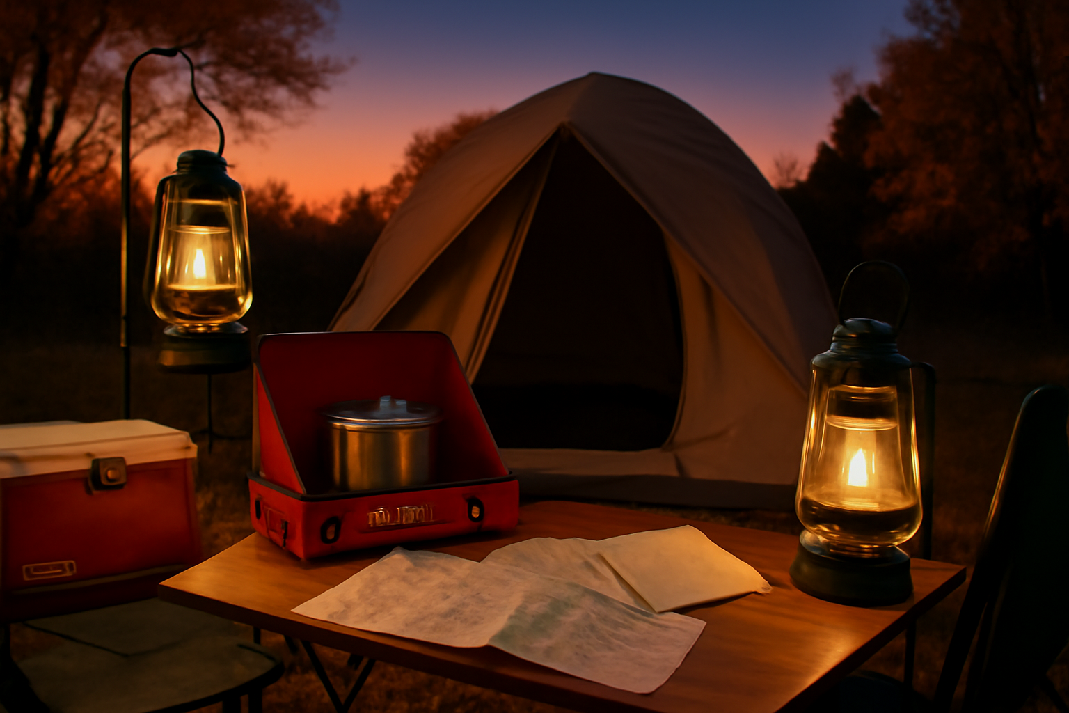コールマン名作 を使って次のキャンプ計画を立てるイメージ、秋の夕暮れに照らされるギア群