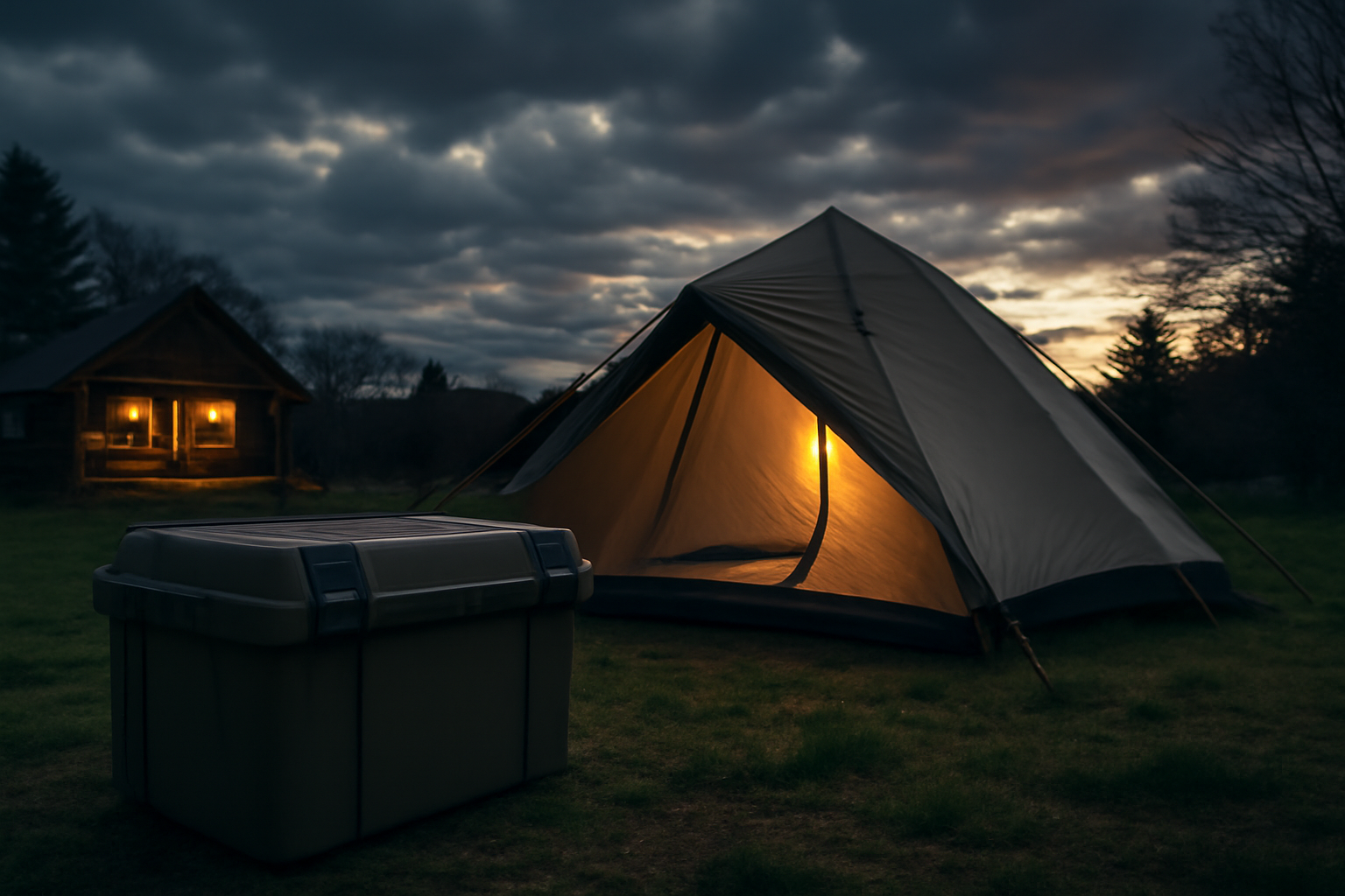 収納力抜群のボックスとコテージを夕暮れのキャンプ場で見せるワイド写真。代替プランを示唆する構図で安心感を伝えます。