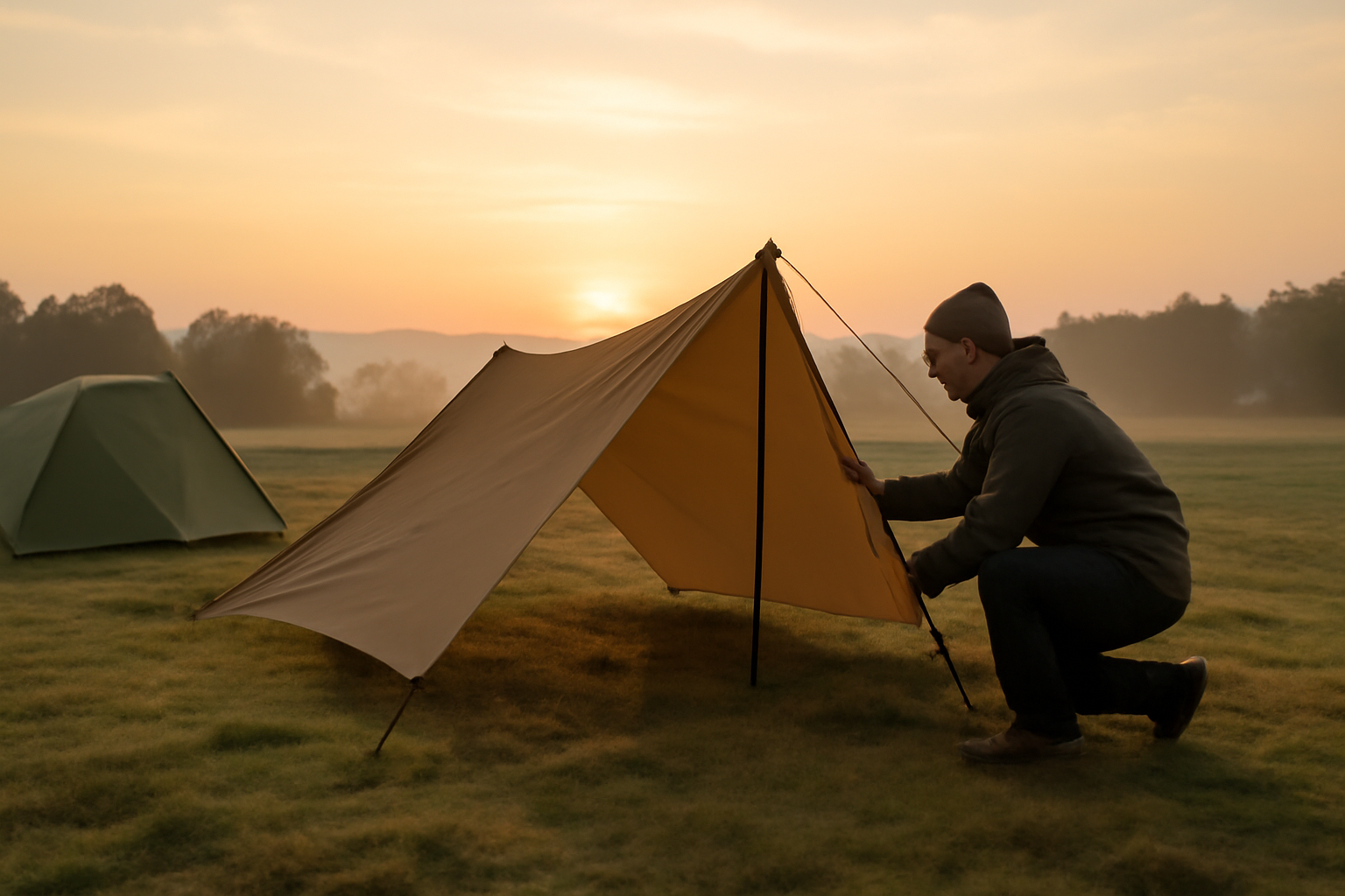 ランドネストで週末に試し張りをする様子、朝焼けの中で設営を確認するキャンパーの実用的な場面を描写した写真。