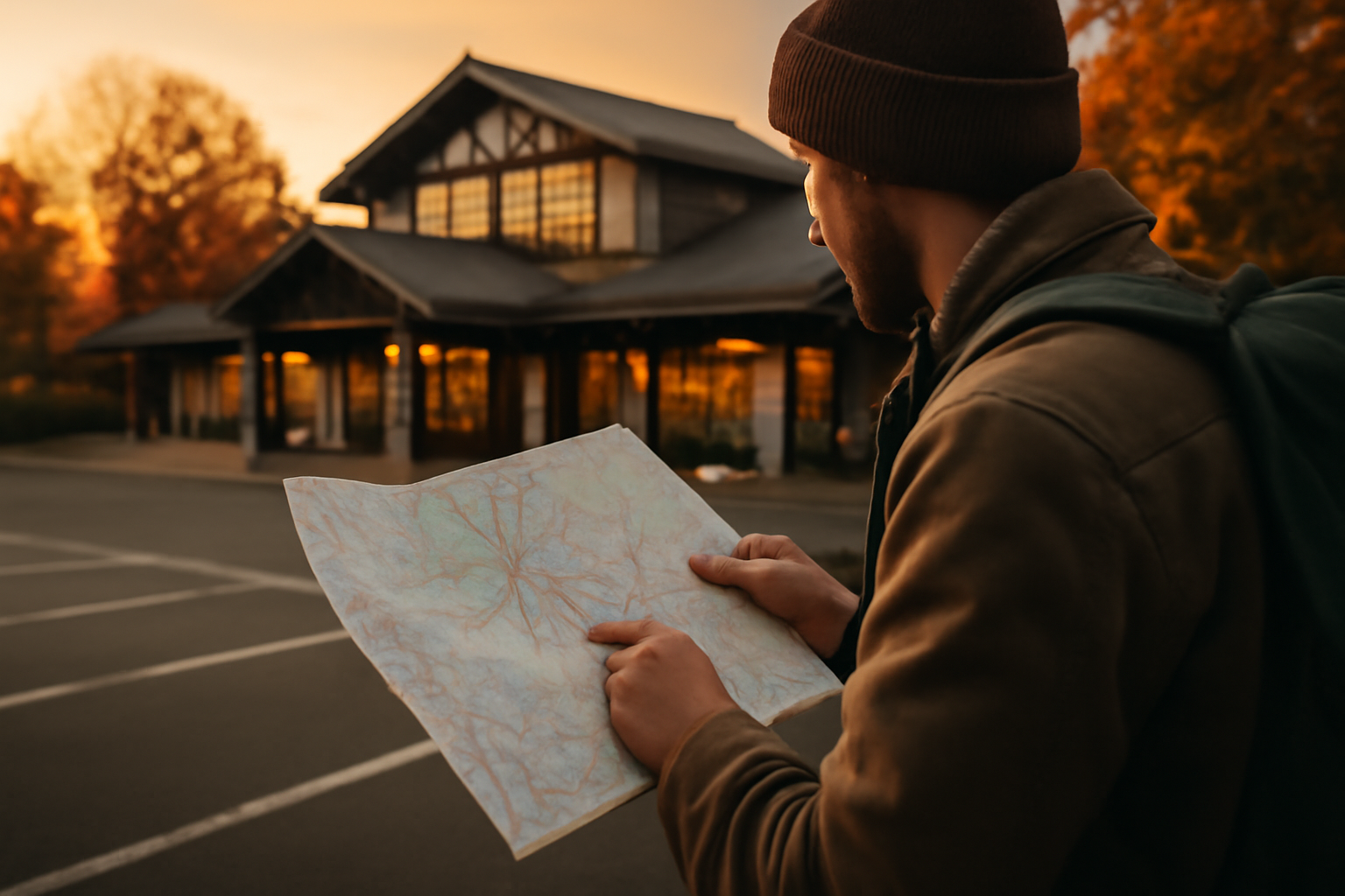 湘南ちがさきで次の行動を考える様子を想起させる秋の夕暮れ、柔らかい光の下で地図を見る手元と道の駅背景の写真