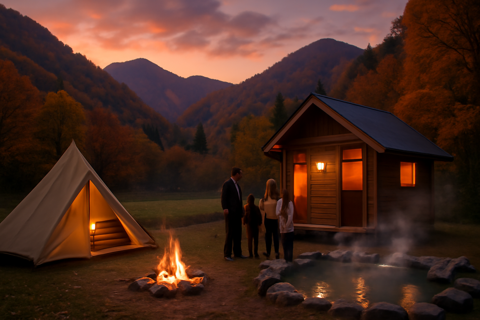 今庄365の代替プランイメージ:秋の夕暮れ、温泉隣接のサイトでコテージを選ぶ家族の風景。晴れの薄暮を捉えた一枚。