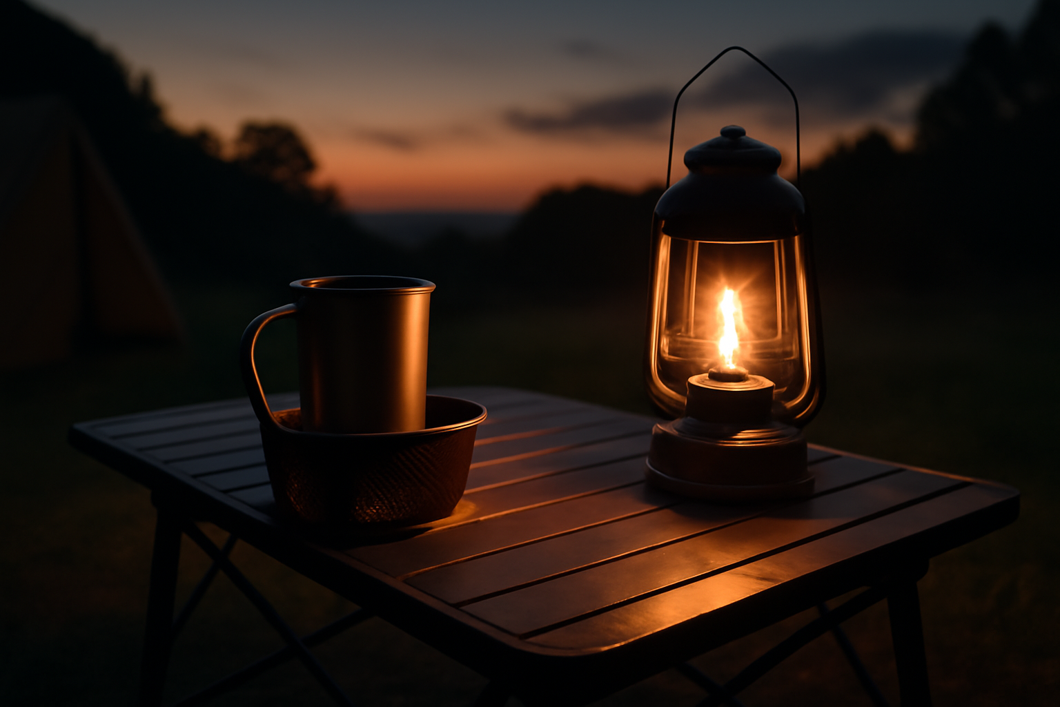 カップホルダー：夕暮れ時のキャンプテーブルに置かれたカップホルダーとランタンが温かく照らす風景、これからの行動への促しを表現