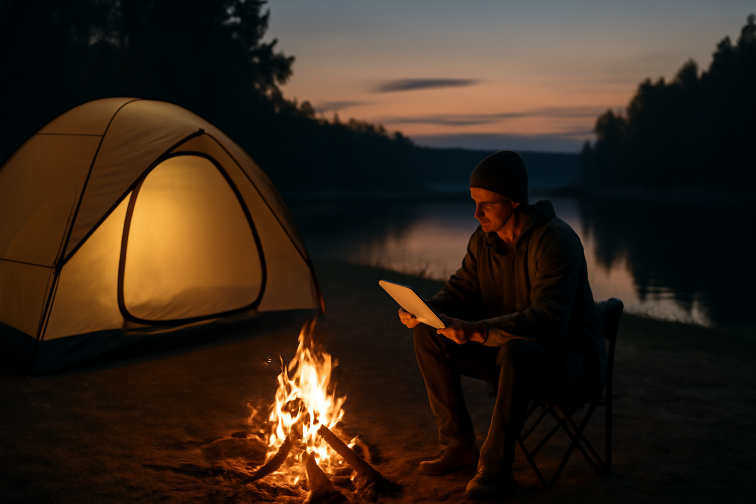 ベストナ:次の行動を促すイメージ、夕暮れのキャンプ場で落ち着いて確認する場面のリアルな描写
