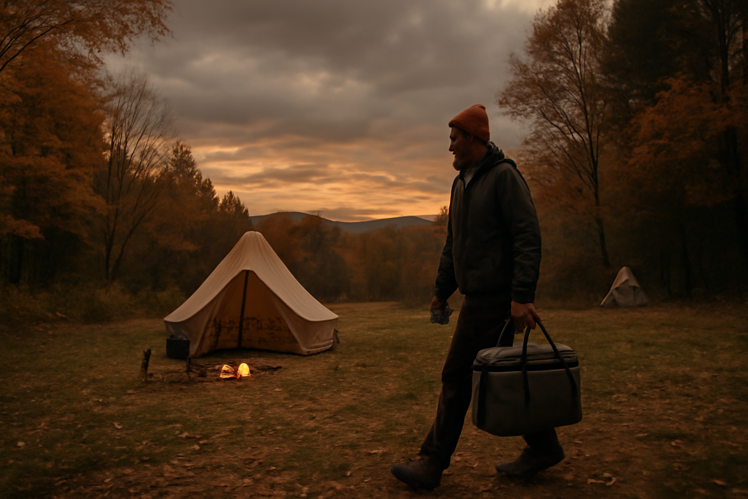 ソフトクーラーを詰め終えて次の準備に向かう、秋の夕暮れキャンプ場の風景を広角で撮った写真