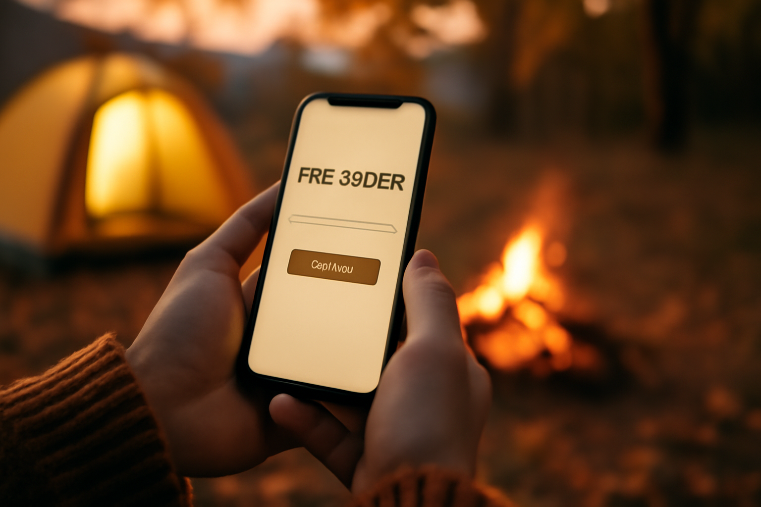 ベストナの先行申込をスマホで確認するイメージ。秋の夕暮れキャンプ場で手に持つクローズアップ写真