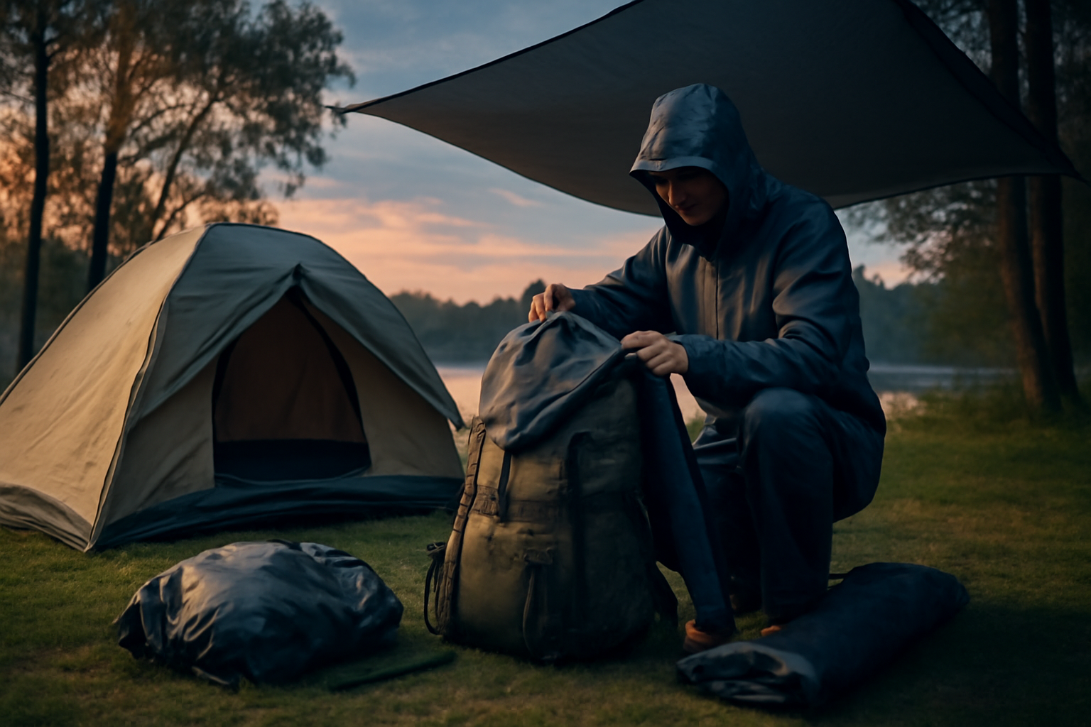 スターキャンプの雨対策を促す場面、夕暮れのキャンプ場で防水ギアを整える様子を広角で撮影した写真