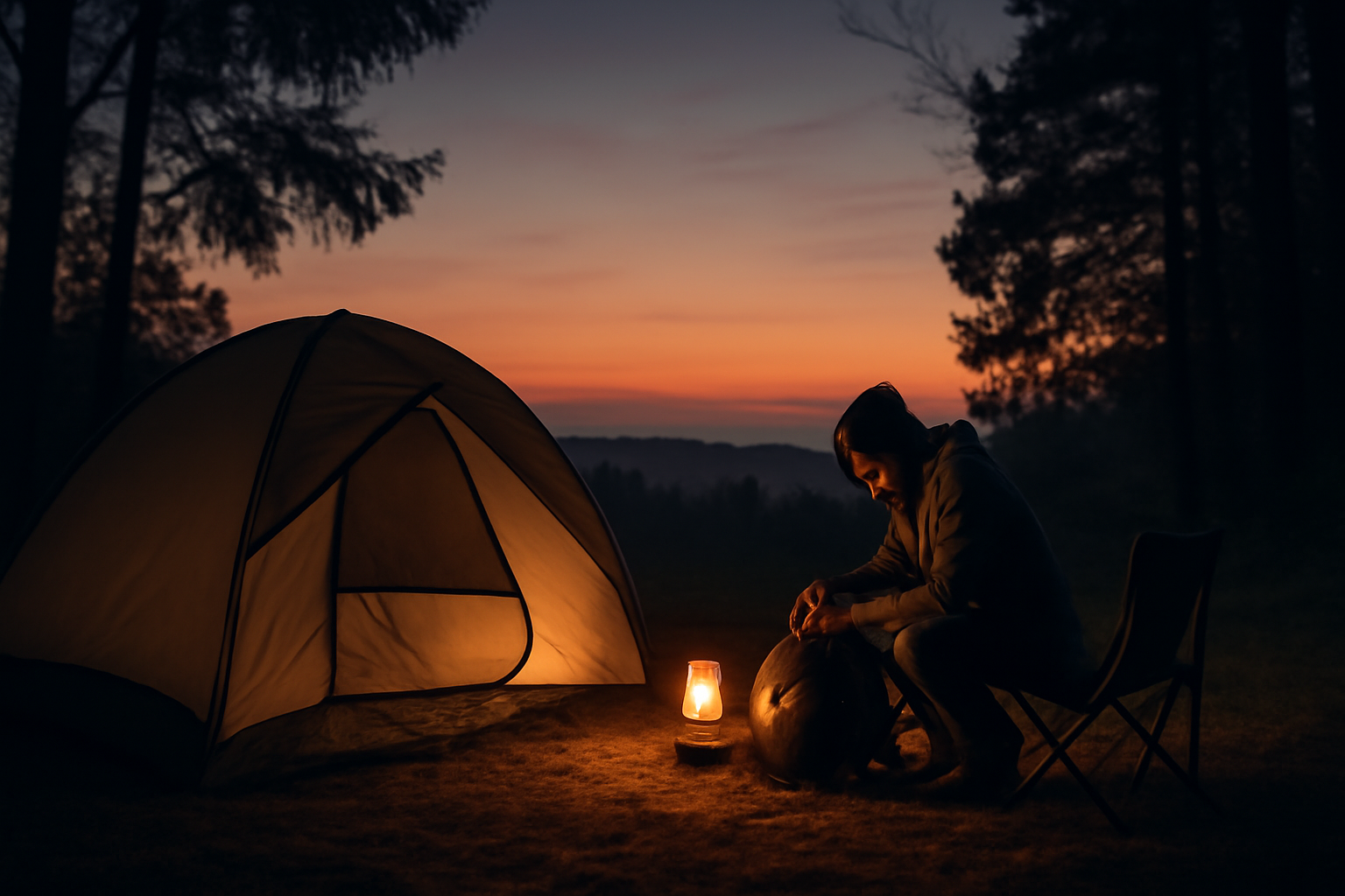 タイムセールで気になるアイテムをカートに入れたまま検討する様子を想像した夕暮れのキャンプサイト風景。購入の一歩を後押しする情景を表現しています。