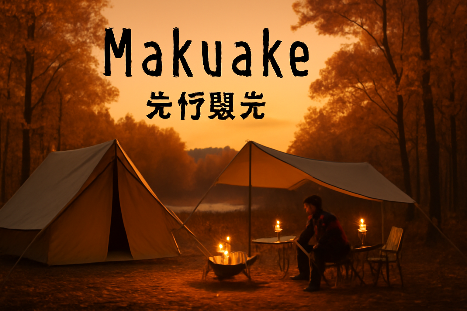 ベストナ：Makuake先行販売の案内ページをイメージした夕暮れのキャンプ場ビジュアル、暖色の光が差し込む広角写真