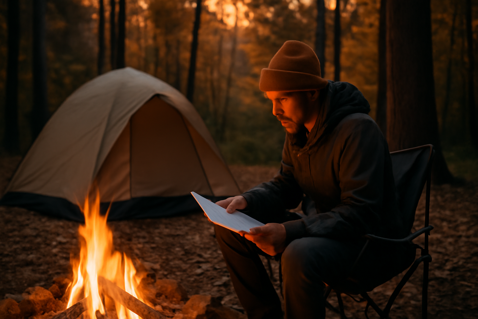 コロンビアポーチ:夕暮れの森で次の行程を計画するキャンパーとポーチ、穏やかな焚き火の光が差し込む風景